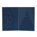 Detail of laser-cut rose floral lace and female silhouette on navy blue invitation card - Magic Blue