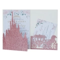 Details zur rosa Glitzer-Einladung mit Laserschnitt-Schloss und floraler Einlage - Glitzer Rosa