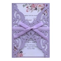 Elegant purple laser-cut wedding invitation with silk bow and floral insert card - Lilac Purple