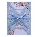 Laser cut light blue wedding invitation card with satin bow and watercolor floral insert - Fog Blue