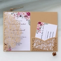 Rustic laser cut rose wedding invitation suite with floral inserts and RSVP card - Beige Gold