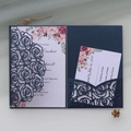 Detailed laser-cut rose pattern on navy blue paper wedding invitation and inner card - Magic Blue