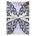 Detail of laser-cut black glitter wedding invitation with white ribbon and floral insert - Glitter Dark Blue