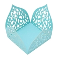 Macro detail of laser-cut light blue floral patterns on paper wedding favor box - Tiffany Blue
