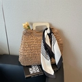 Vintage woven straw handbag with square wooden handles and striped scarf accent - Brown
