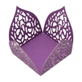 Macro shot of purple laser-cut paper candy box with intricate floral vine lace patterns - Dark Purple