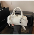 White glossy leather square handbag with dual zippers and silver lock ornament - White