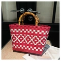 Handmade woven tote bag with pink and white geometric pattern and bamboo handles - Rose Pink