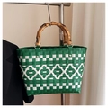 Sac fourre-tout tissé vert et blanc avec des poignées en bambou naturel vintage - Vert