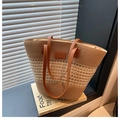 Large woven straw tote bag with brown leather straps and hollow mesh panel details - Brown