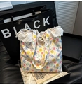 Floral canvas tote bag with delicate lace trim detail presented in a premium gift box - Yellow Flower