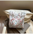 White canvas tote bag with colorful floral patterns and elegant white lace trim - Pink Flower