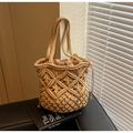 Detail of bohemian hand-woven tote bag with drawstring lining and textured cotton cord - Khaki