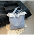 Blue and white striped canvas tote bag with delicate white lace trim and shoulder straps - Blue Stripe