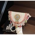 Bohemian white woven crossbody bag with colorful embroidery and tassel trim - Colorful