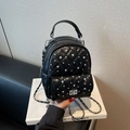 Mini black quilted backpack with rhinestones and silver chain strap for women - Black