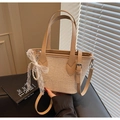 Beige woven tote bag with leather straps and delicate lace pearl bow charms - Khaki