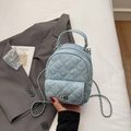 Mini light blue quilted denim backpack with rhinestones and silver chain strap - Blue