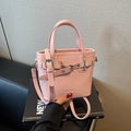 Pink lychee grain leather bucket bag with silver buckle and detachable shoulder strap - Pink