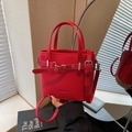 Red lychee grain leather bucket bag with decorative buckle and detachable strap - Burgundy