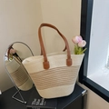 Large beige and khaki gradient straw tote bag with brown leather handles for summer beach - Off-white & Khaki Stripes