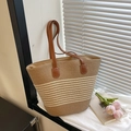 Two-tone woven tote bag in light brown and beige with dark leather shoulder straps - Khaki & Off-white Stripes