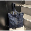 Vintage deconstructed dark blue denim tote bag with pocket details and shoulder strap - Dark Blue