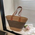 Large woven straw tote bag with black stripes and brown faux leather handles - Khaki & Black Stripes