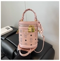 Pink cylinder bucket bag with bear patterns, gold hardware, and silk scarf wrap - Pink