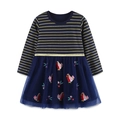 Robe rayée marine pour filles avec jupe en tulle et broderies d'oiseaux et d'étoiles - 2Y (Taille Rec 80-90cm) / Rayé Marine et Or (1541)