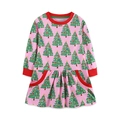 Rosa Langarm-Mädchenkleid mit Weihnachtsbaum-Print und festlichen roten Taschen - 2Y(90cm) / Rosa(1547)