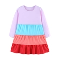 Girls long sleeve tiered dress with pastel purple, blue, pink and red color blocks - Color Block / 2Y(90cm)