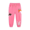 Pink cotton girls' joggers with cute deer, fox, and rabbit embroidery patches - Pink / 2Y(90cm)
