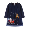 Abito natalizio blu scuro a maniche lunghe con ricamo di Babbo Natale e gonna in tulle - 1542 / 2Y(90cm)