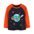 Kinder Langarmshirt mit orangen Raglanärmeln und Planeten-Weltraum-Cartoon-Druck - 2Y(90cm) / Marineblau und Orange