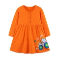 Abito arancione a pois per bambine con ricamo di trattore e fiori colorati - 2Y(90cm) / Arancione (1558)