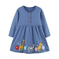 Abito bambina grigio-blu a pois a maniche lunghe con ricami di animali sul fondo - 2Y(90cm) / Blu Grigio (1560)