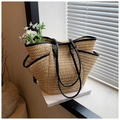 Minimalist straw tote bag in beige weave with black trim for summer vacations - Khaki