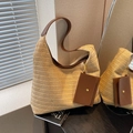 Beige woven straw shoulder bag with brown strap and detachable square coin purse accessory - Khaki