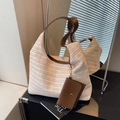 Minimalist straw woven underarm bag in beige with brown leather trim and small pouch - Off White