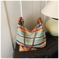 Detailed macro view of vibrant striped woven texture on a large summer hobo bag - Rainbow Large