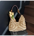 Borsa tote all'uncinetto fatta a mano con motivi floreali e manici con perline - Beige e kaki