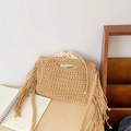 Handmade khaki cotton crochet tote bag with long side tassels and inner drawstring pouch - Brown Tassel Braided Style / Brown