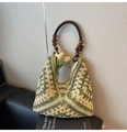 Handmade crochet tote bag with green floral patterns and beaded wood handles - Creamy White & Green