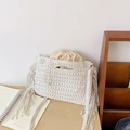 White handmade crochet tote bag with long tassels and internal drawstring pouch - White Fringe Woven Style / White