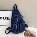 Borsa a tracolla in denim blu scuro alla moda con tasche funzionali per ragazze - Blu scuro