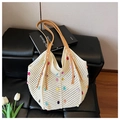 Bolso tote de punto crema con lentejuelas coloridas y asas de cuero marrón suave - Blanco