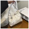 Sac bandoulière en jacquard blanc crème avec broderie florale et chaîne argentée - Rose