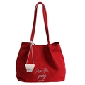 Grand sac cabas en toile rouge avec broderie blanche et breloque beige - Rouge