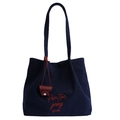 Sac fourre-tout en toile bleu marine avec broderie rouge et breloque bouton en cuir - Bleu Marine
